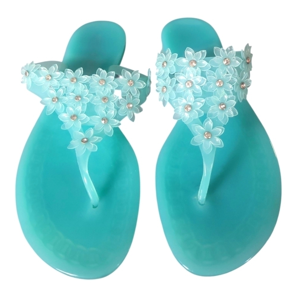 Kelly & Katie Floral Embellished Thong  Aqua Sandals Flip Flops Sz 11M